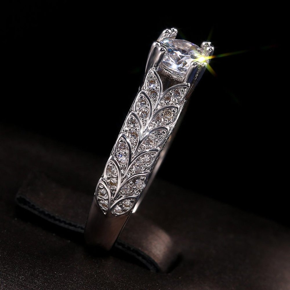 925 Silver Crystal Zircon Stone Unique Leaf Design Ring for Women, VIP341 - Picture 3 of 10